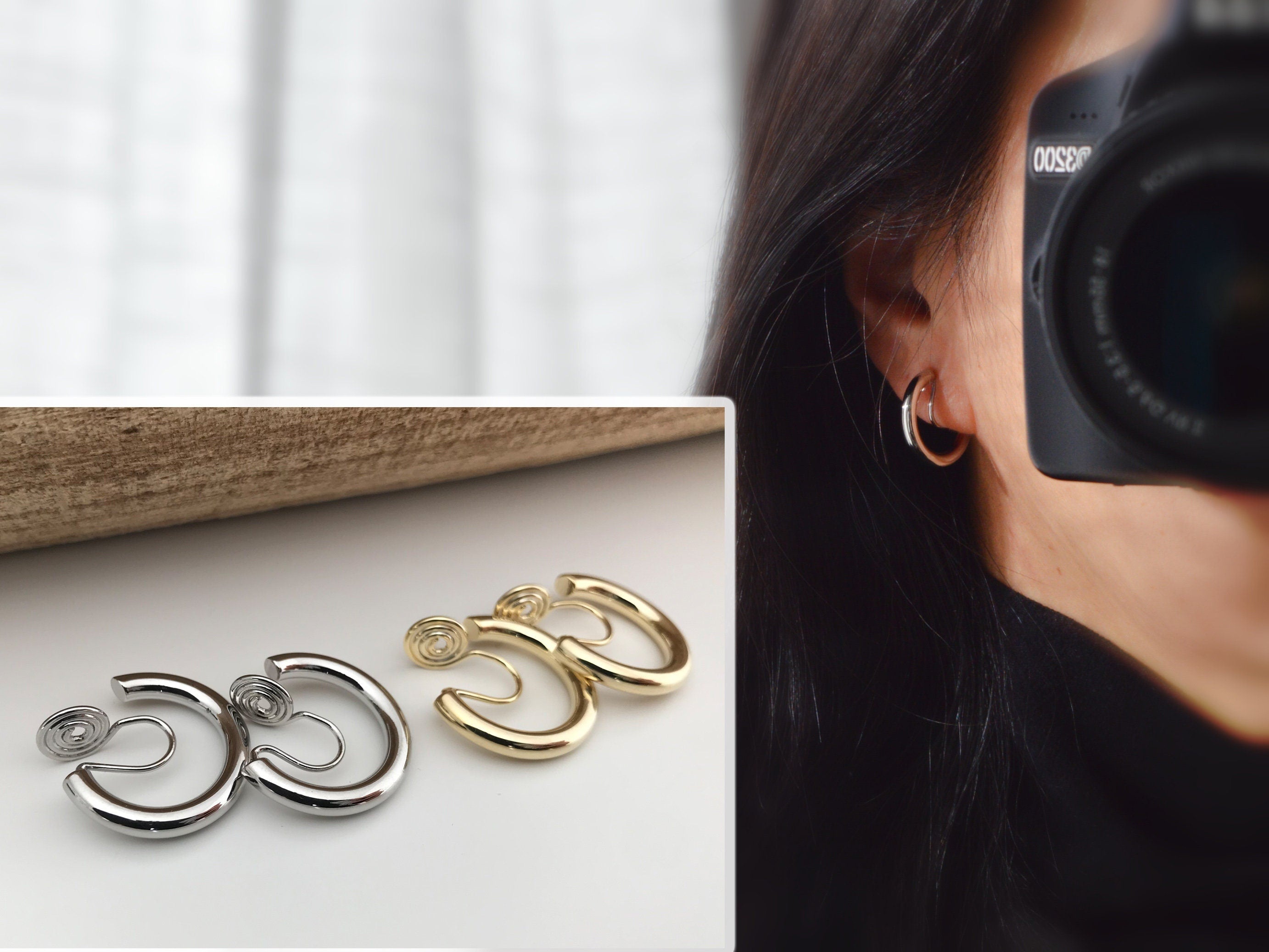 SANS DOULEUR ! Boucles d'oreilles CLIPS U spirale Cercle couleur Or / Argent. Clips d'oreilles confortable Boucles Délicates