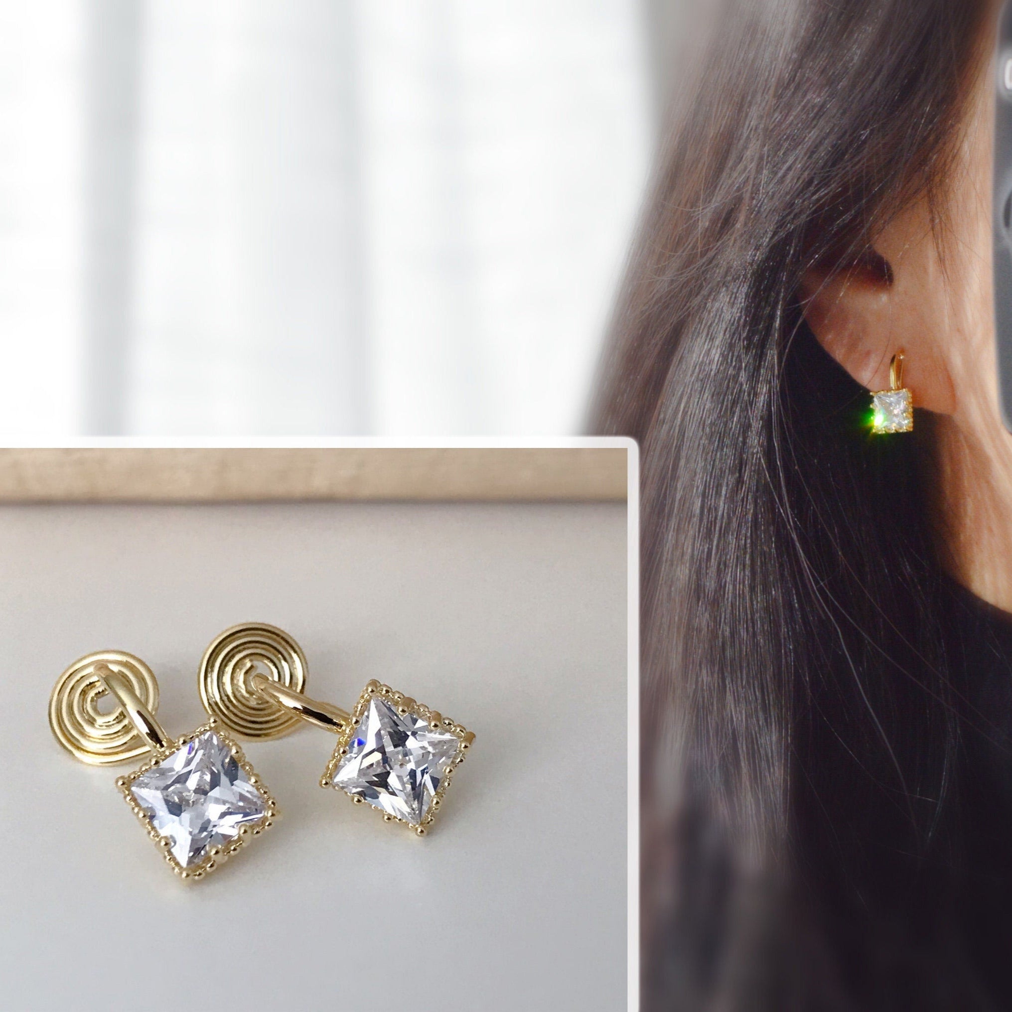 PAINLESS ! CLIPS U spiral earrings Small square Zircon stone Gold color. Comfortable delicate ear clips Ready to offer