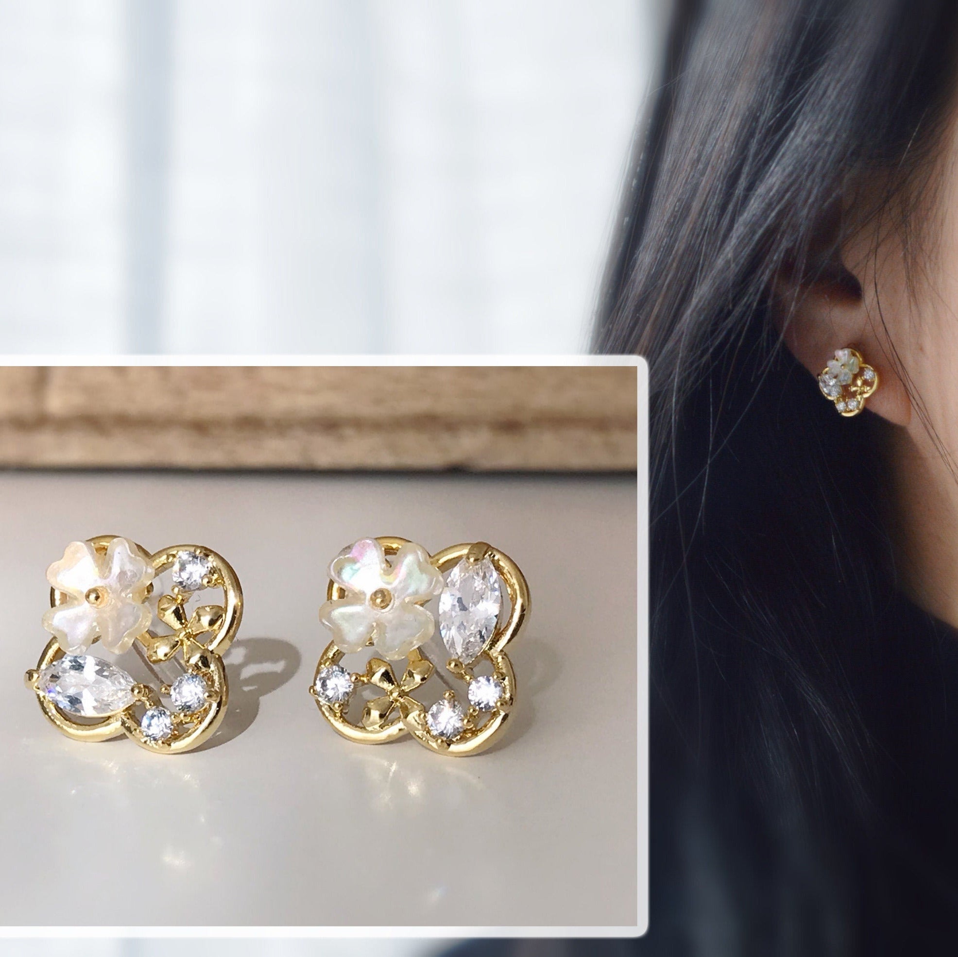 Boucles d'oreilles Clips INVISIBLES, Clips d'oreilles Trèfle à quatre feuilles doré, Mini fleur Branche pierre zircon rond ovale. Délicat.