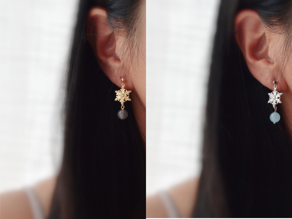 Flocon De Neige strass. Clips d'oreilles invisible couleur Or/ Argent. Perle agate grise /Calcédoine bleue. Bijoux Délicates.