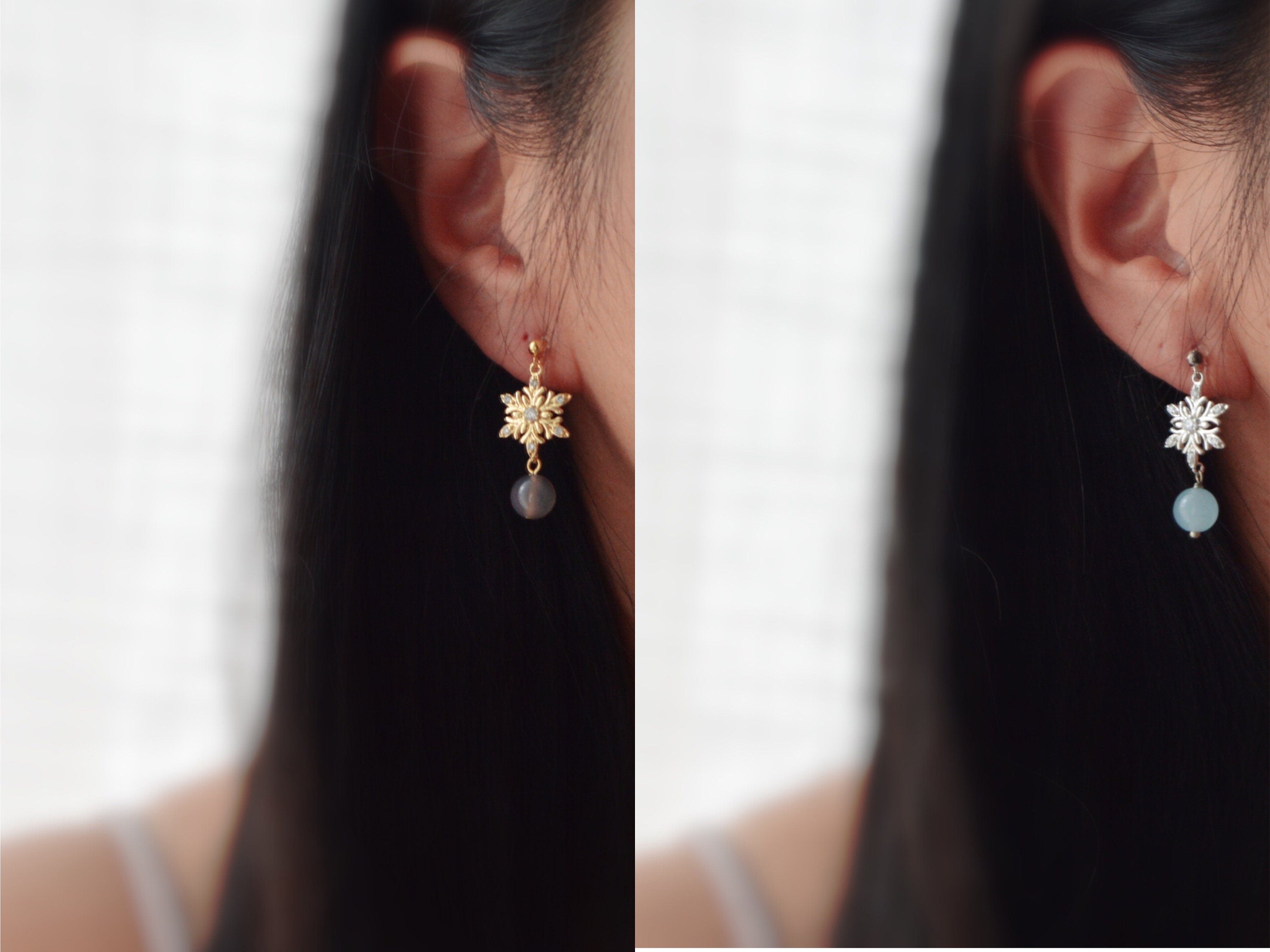 Flocon De Neige strass. Clips d'oreilles invisible couleur Or/ Argent. Perle agate grise /Calcédoine bleue. Bijoux Délicates.