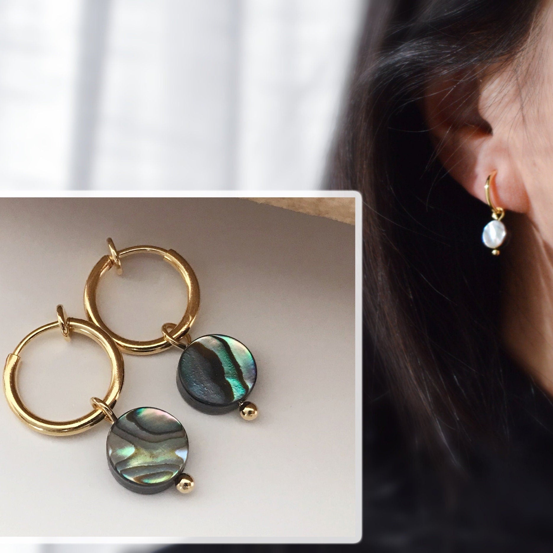 Clips d'oreille 2-EN-1 CLIPS anneaux doré. Perle coquillage d'ormeau naturelle forme rond Noir. Bijoux quotidien Anneaux 1.3cm