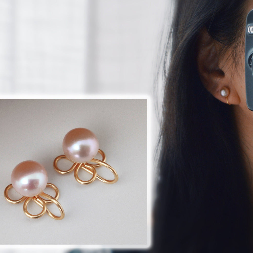 SANS DOULEUR !! Boucles d'oreilles CLIPS U en forme de trèfle à 4 feuilles, Perle d'eau douce couleur rose. Boucles Délicates