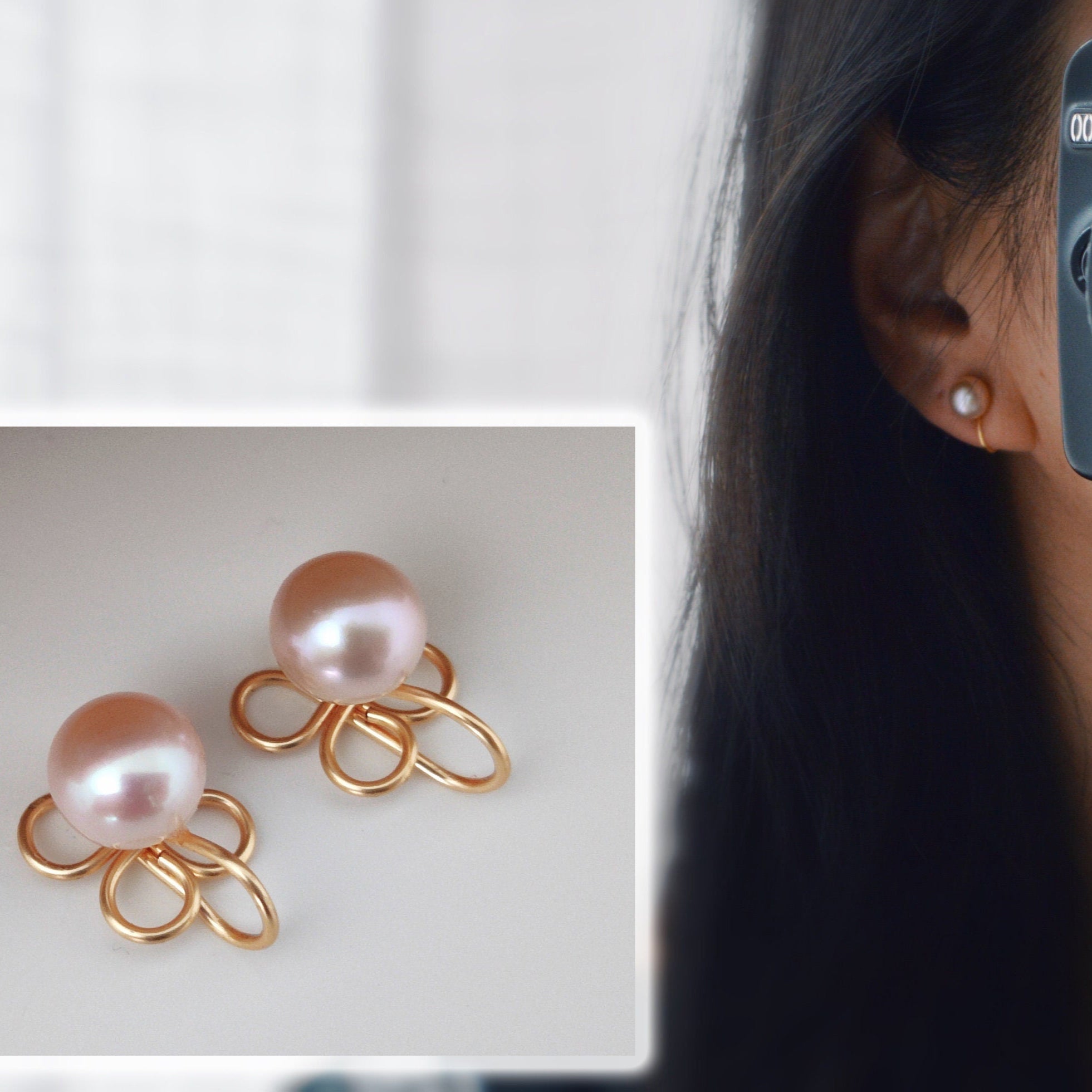 SANS DOULEUR !! Boucles d'oreilles CLIPS U en forme de trèfle à 4 feuilles, Perle d'eau douce couleur rose. Boucles Délicates