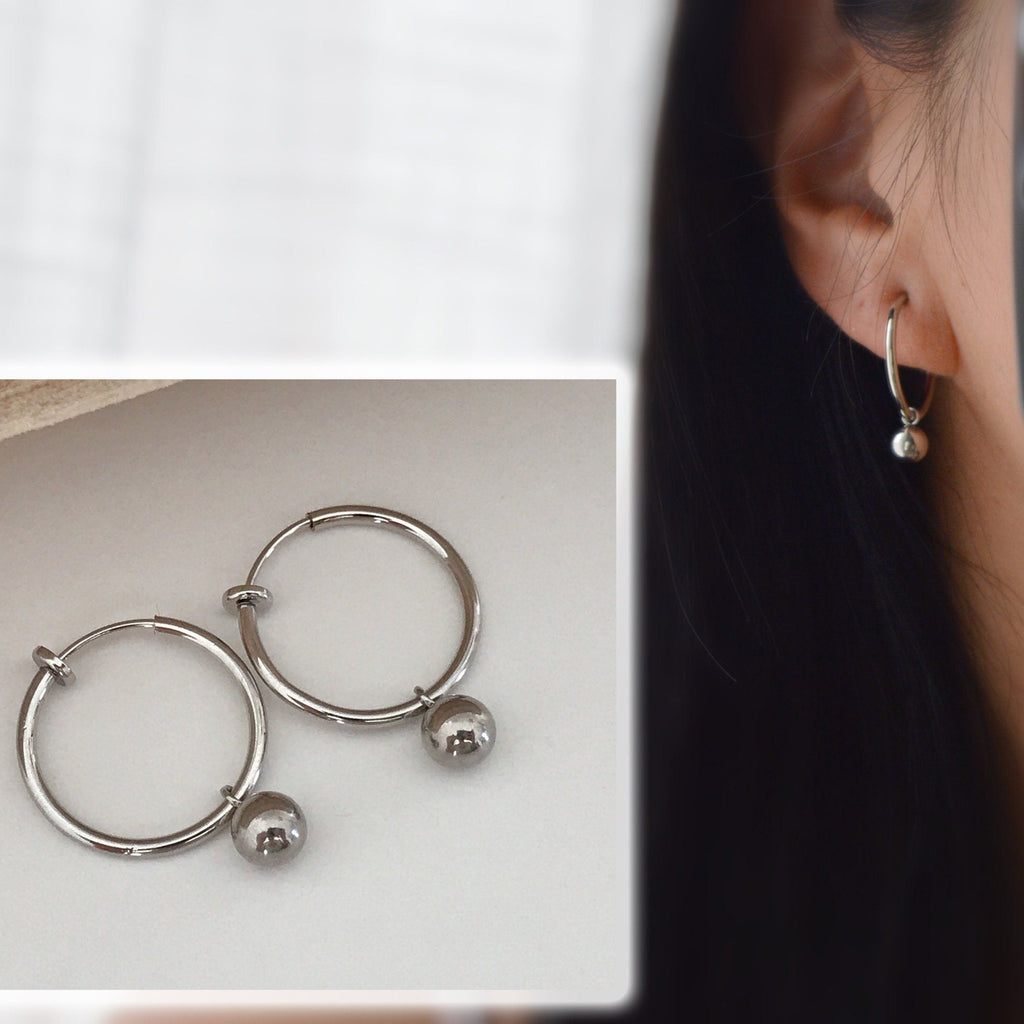 2 IN 1, 20mm Clip Hoops with mini pearl. Ear clips Silver rings CLIPS Invisible comfortable.