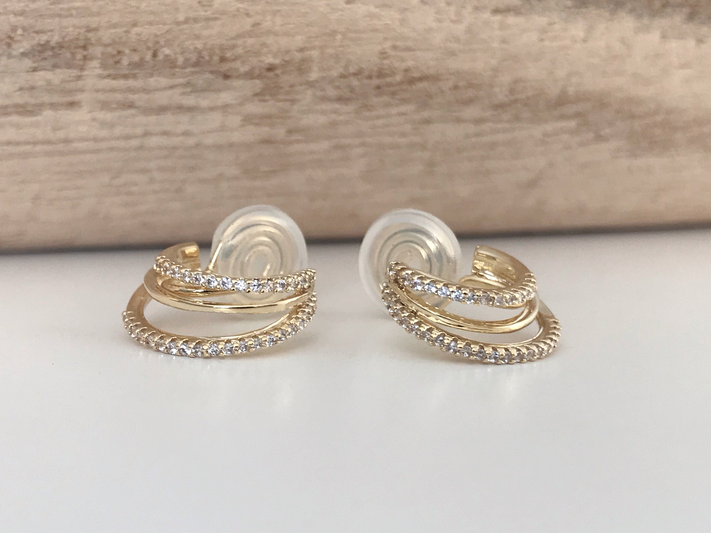 SANS DOULEUR ! Boucles d'oreilles CLIPS U spirale Triple cercles anneaux zircon. Clips d'oreilles confortable Délicates plaqué d'or 18K