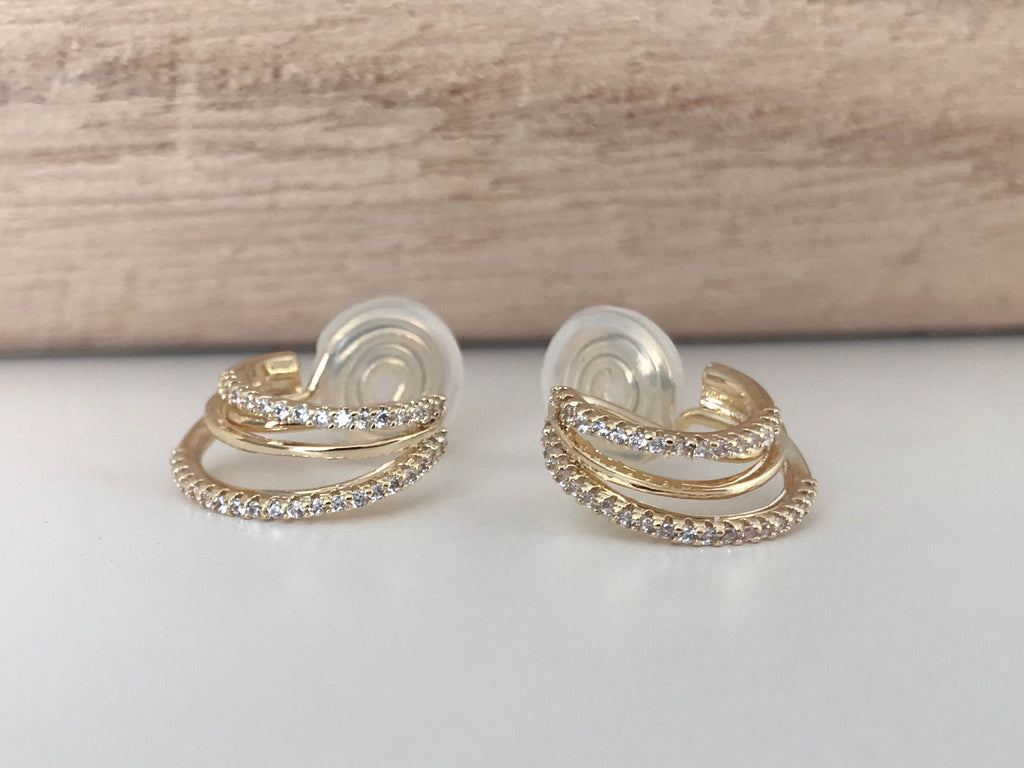 SANS DOULEUR ! Boucles d'oreilles CLIPS U spirale Triple cercles anneaux zircon. Clips d'oreilles confortable Délicates plaqué d'or 18K
