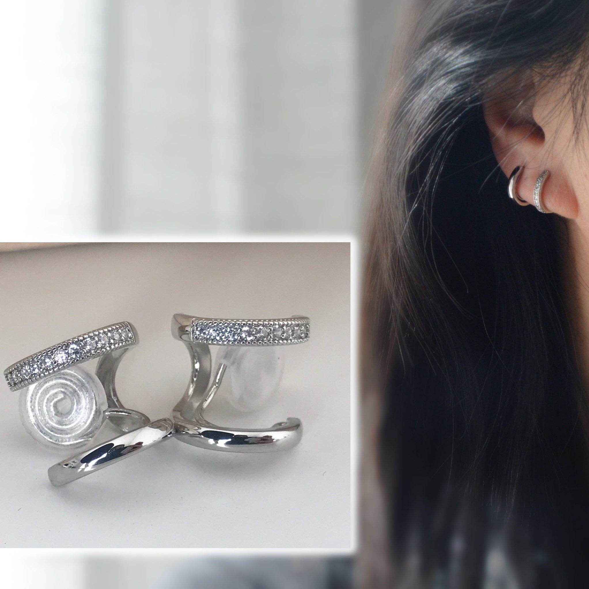 SANS DOULEUR ! Boucles d'oreilles CLIPS U spirale Double cercles Argenté mini pierre zircon. Clips d'oreilles confortable Boucles Délicates
