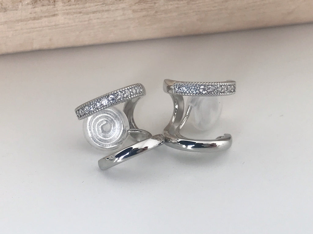 SANS DOULEUR ! Boucles d'oreilles CLIPS U spirale Double cercles Argenté mini pierre zircon. Clips d'oreilles confortable Boucles Délicates
