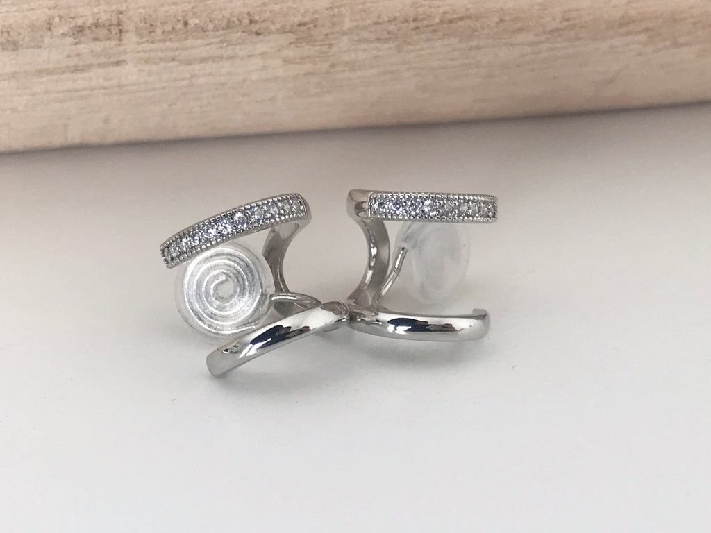 SANS DOULEUR ! Boucles d'oreilles CLIPS U spirale Double cercles Argenté mini pierre zircon. Clips d'oreilles confortable Boucles Délicates