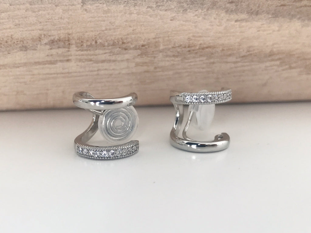 SANS DOULEUR ! Boucles d'oreilles CLIPS U spirale Double cercles Argenté mini pierre zircon. Clips d'oreilles confortable Boucles Délicates