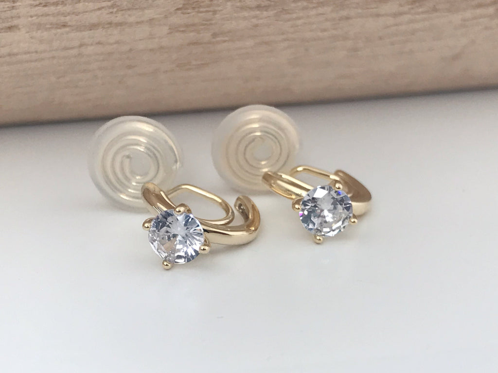 SANS DOULEUR ! Boucles d'oreilles CLIPS U spirale Demi-cercle Pierre Zircon Rond plaqué d'Or. Clips d'oreilles confortable Prêt à offrir