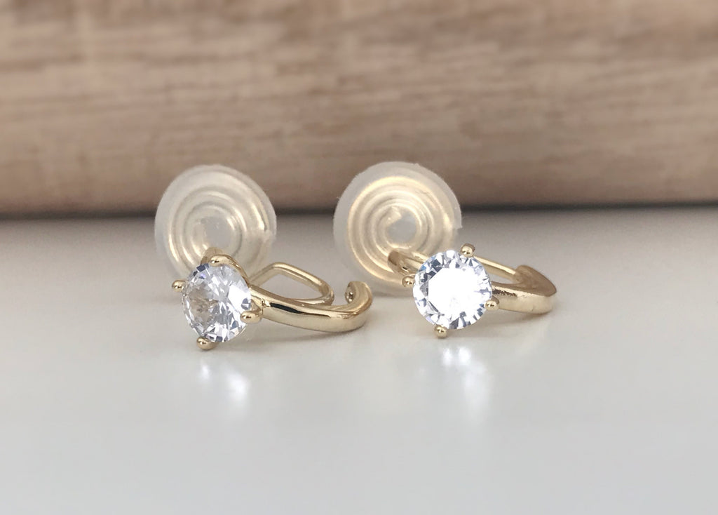 SANS DOULEUR ! Boucles d'oreilles CLIPS U spirale Demi-cercle Pierre Zircon Rond plaqué d'Or. Clips d'oreilles confortable Prêt à offrir
