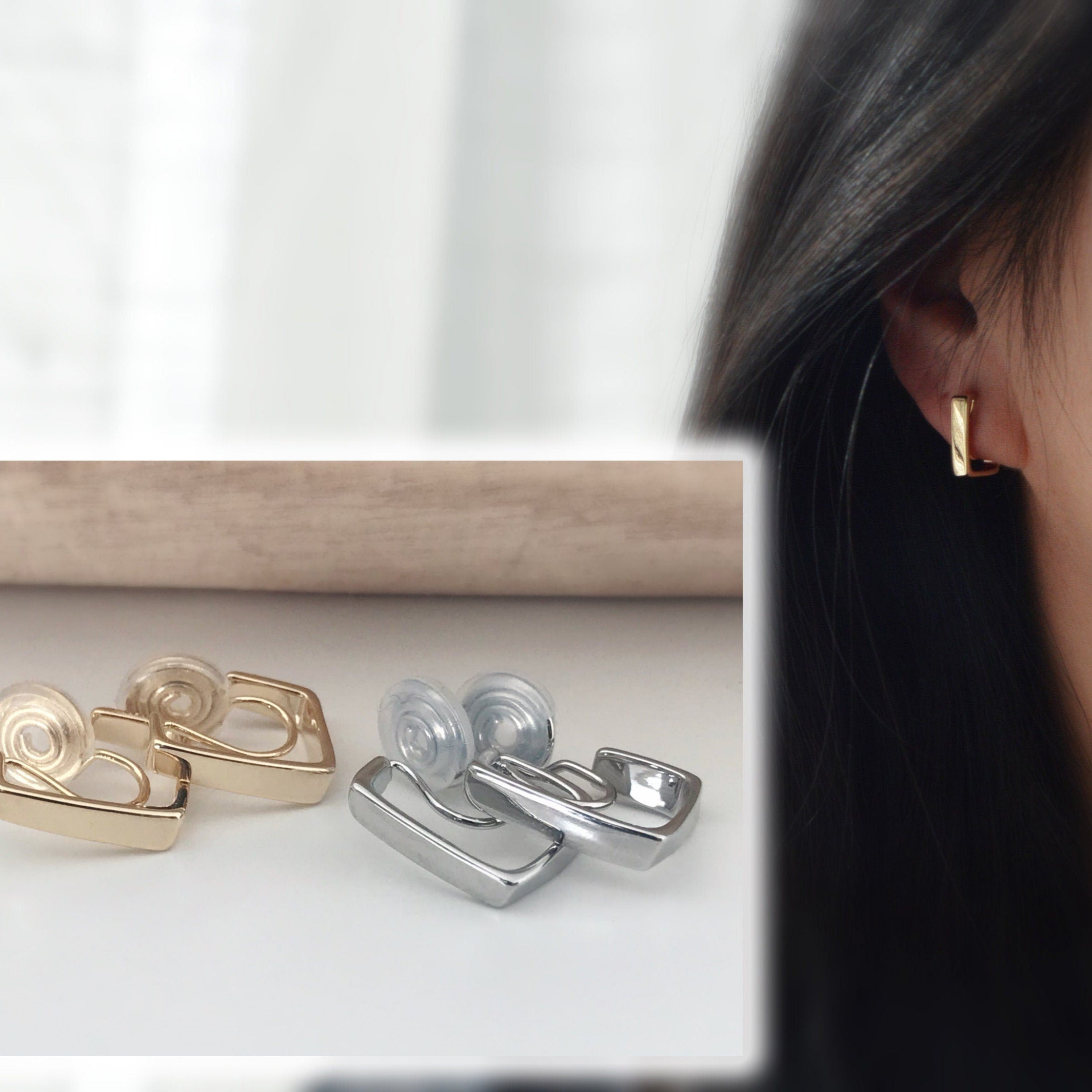 SANS DOULEUR ! Boucles d'oreilles CLIPS U spirale Rectangle couleur or. Clips d'oreilles confortable Boucles Délicates