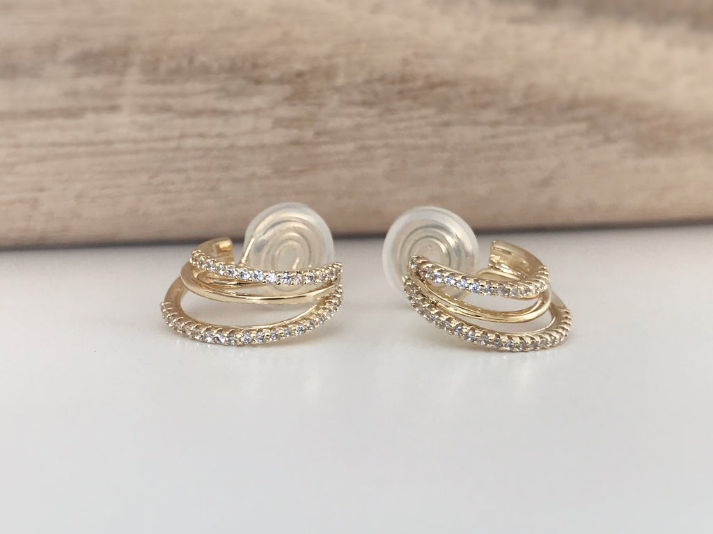 SANS DOULEUR ! Boucles d'oreilles CLIPS U spirale Triple cercles anneaux zircon. Clips d'oreilles confortable Délicates plaqué d'or 18K