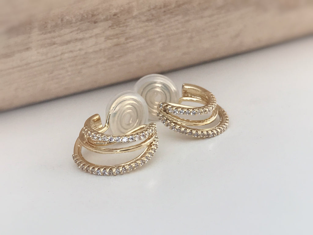 SANS DOULEUR ! Boucles d'oreilles CLIPS U spirale Triple cercles anneaux zircon. Clips d'oreilles confortable Délicates plaqué d'or 18K