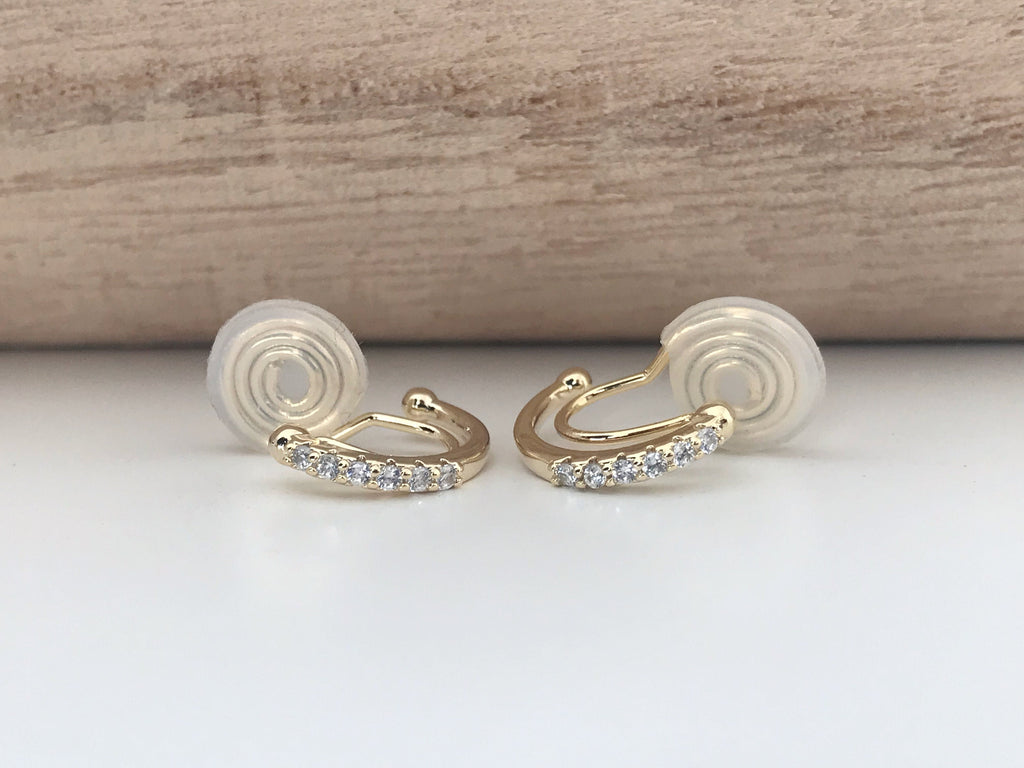 SANS DOULEUR ! Boucles d'oreilles CLIPS U spirale Demi-cercle Mini Pierres Zircon Rond plaqué d'Or. Clips d'oreilles confortable.