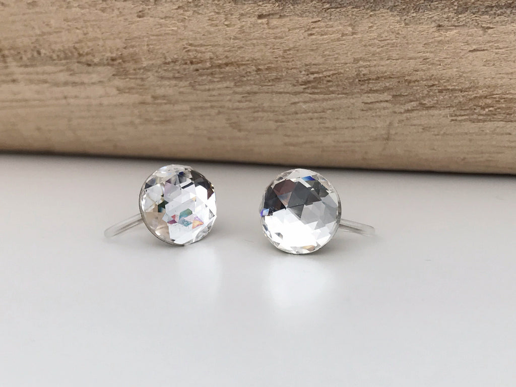 Boucles d'oreilles CLIPS invisible Cristal Rond Dôme facettes Cristaux PureCristal, Clips d'Oreille cristal transparent, Bijoux Minimaliste.