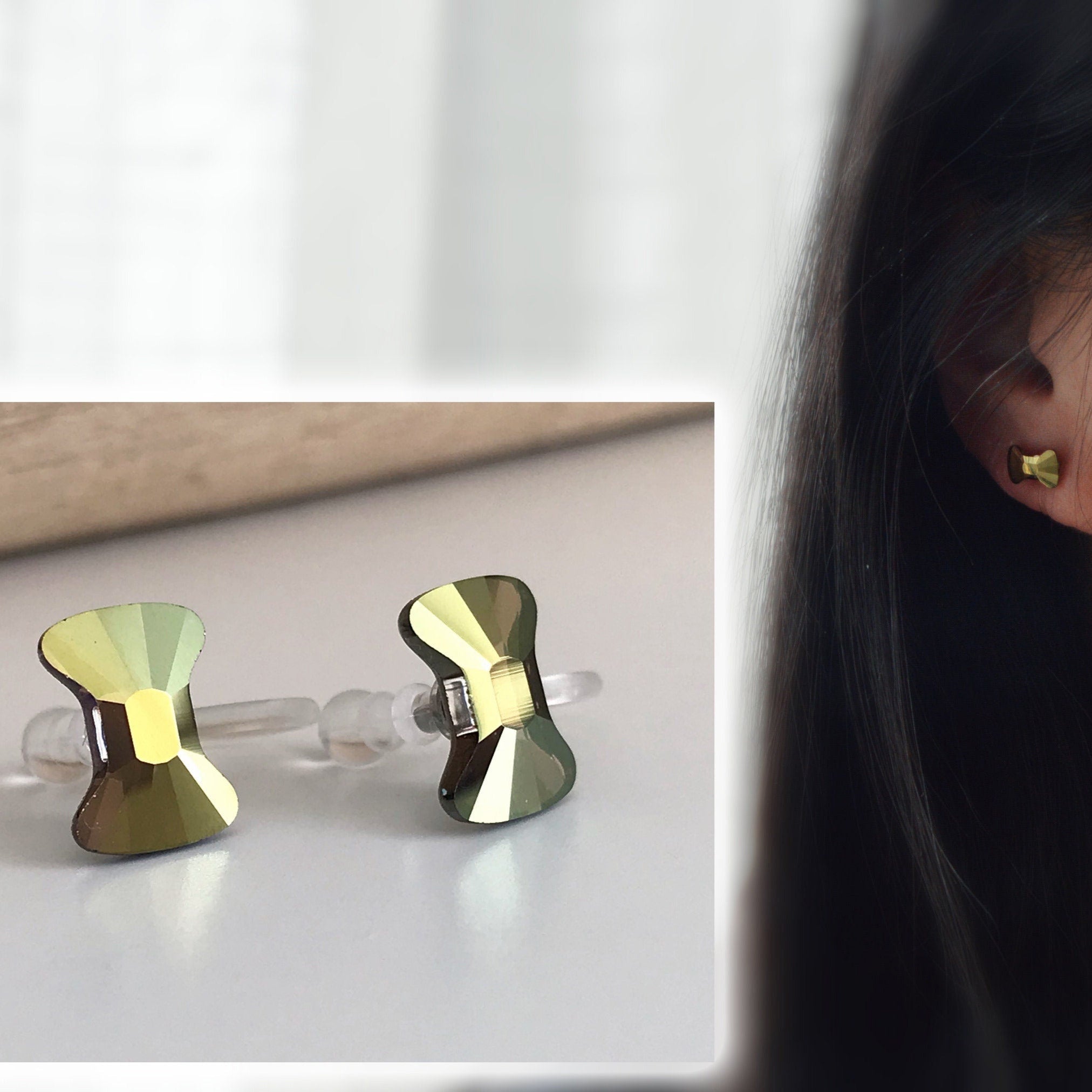 Boucles d'oreilles CLIPS invisible Cristal Noeud de papillon Vert métal, Cristaux PureCristal Petits Clips d'Oreille, Bijoux Minimaliste.