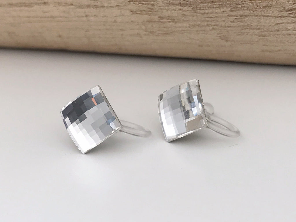 CLIPS earrings invisible Crystal Square faceted Crystals PureCrystal, Transparent square Ear Clips. Minimalist Jewelry.