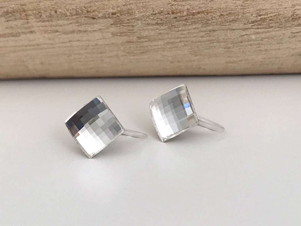 CLIPS earrings invisible Crystal Square faceted Crystals PureCrystal, Transparent square Ear Clips. Minimalist Jewelry.