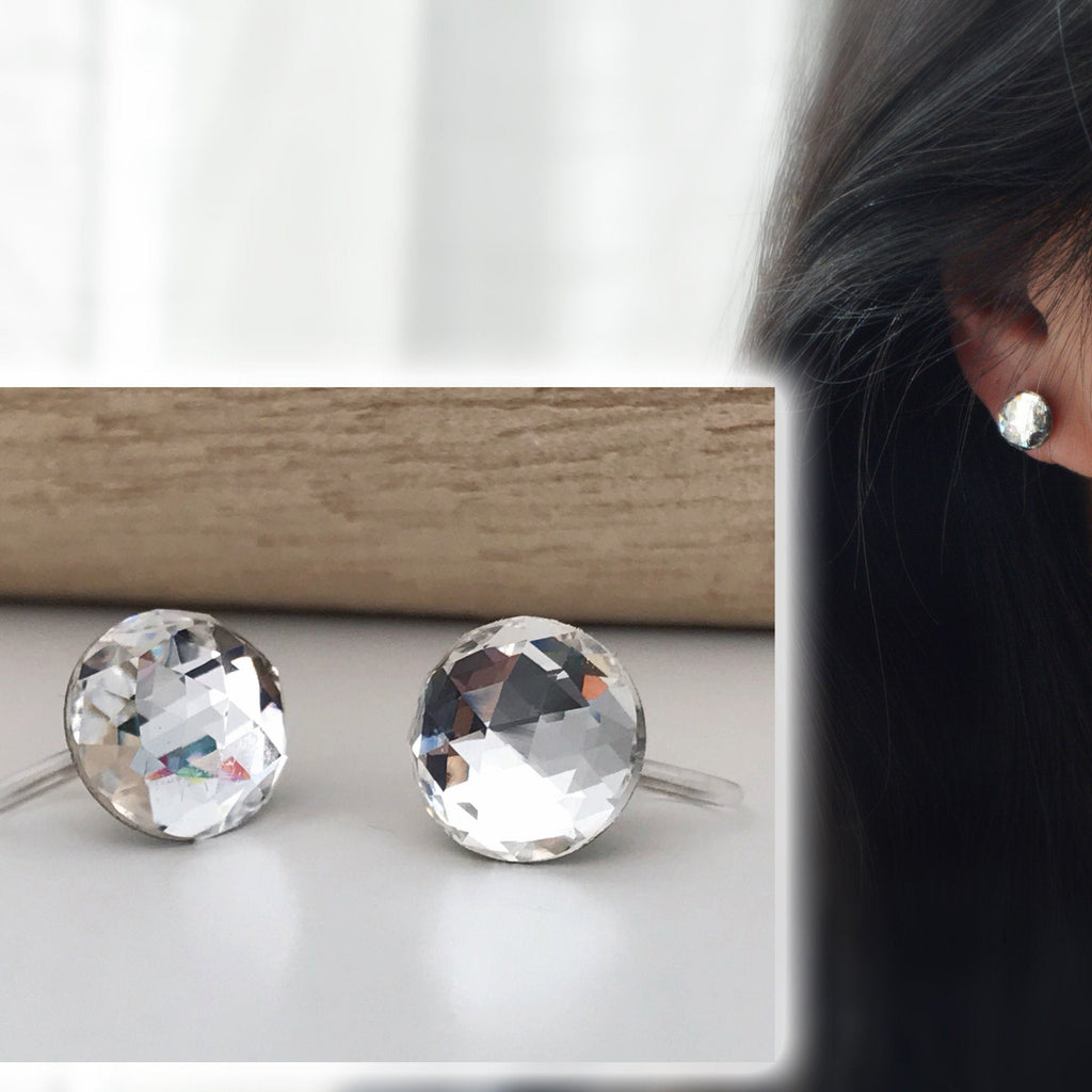 Boucles d'oreilles CLIPS invisible Cristal Rond Dôme facettes Cristaux PureCristal, Clips d'Oreille cristal transparent, Bijoux Minimaliste.