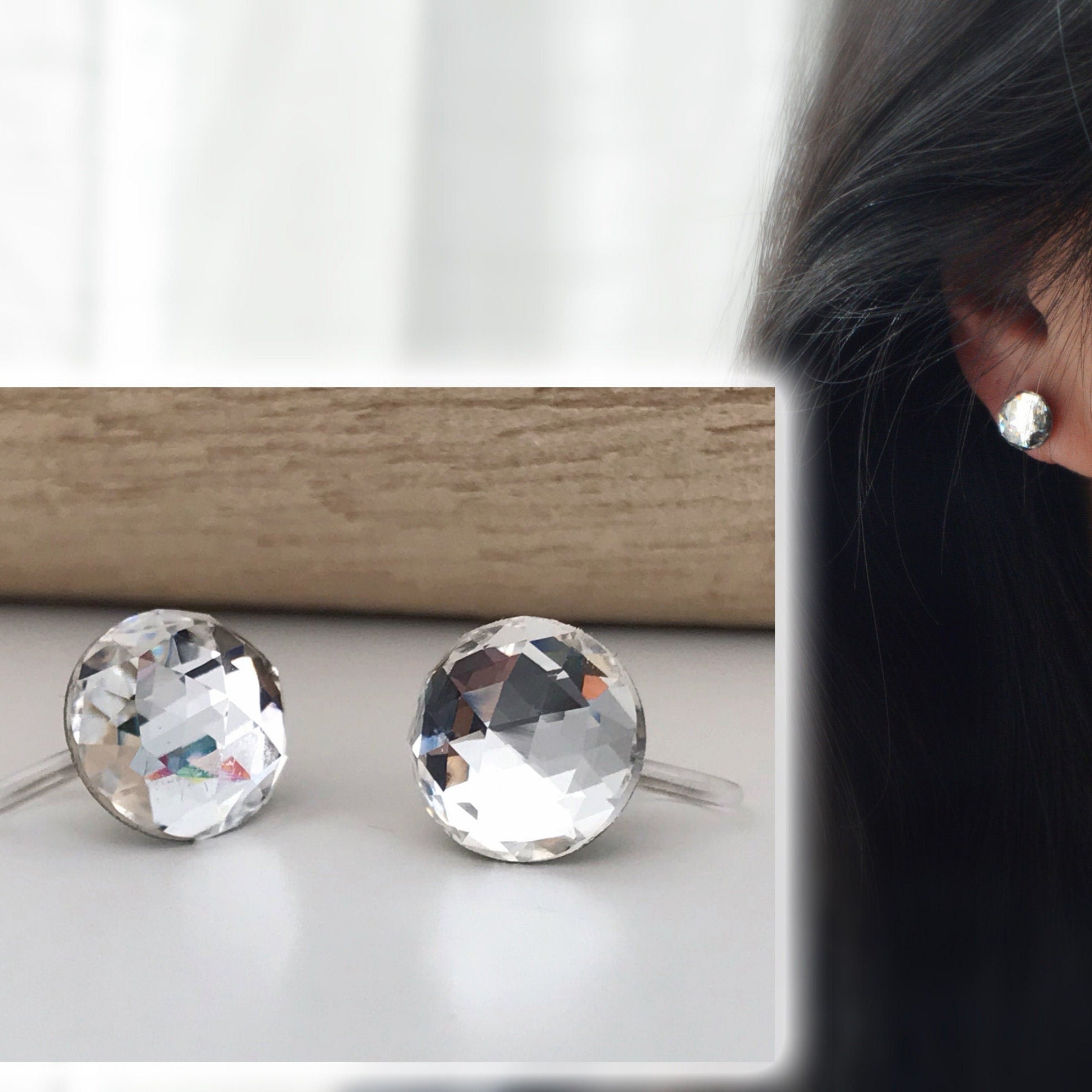 Boucles d'oreilles CLIPS invisible Cristal Rond Dôme facettes Cristaux PureCristal, Clips d'Oreille cristal transparent, Bijoux Minimaliste.