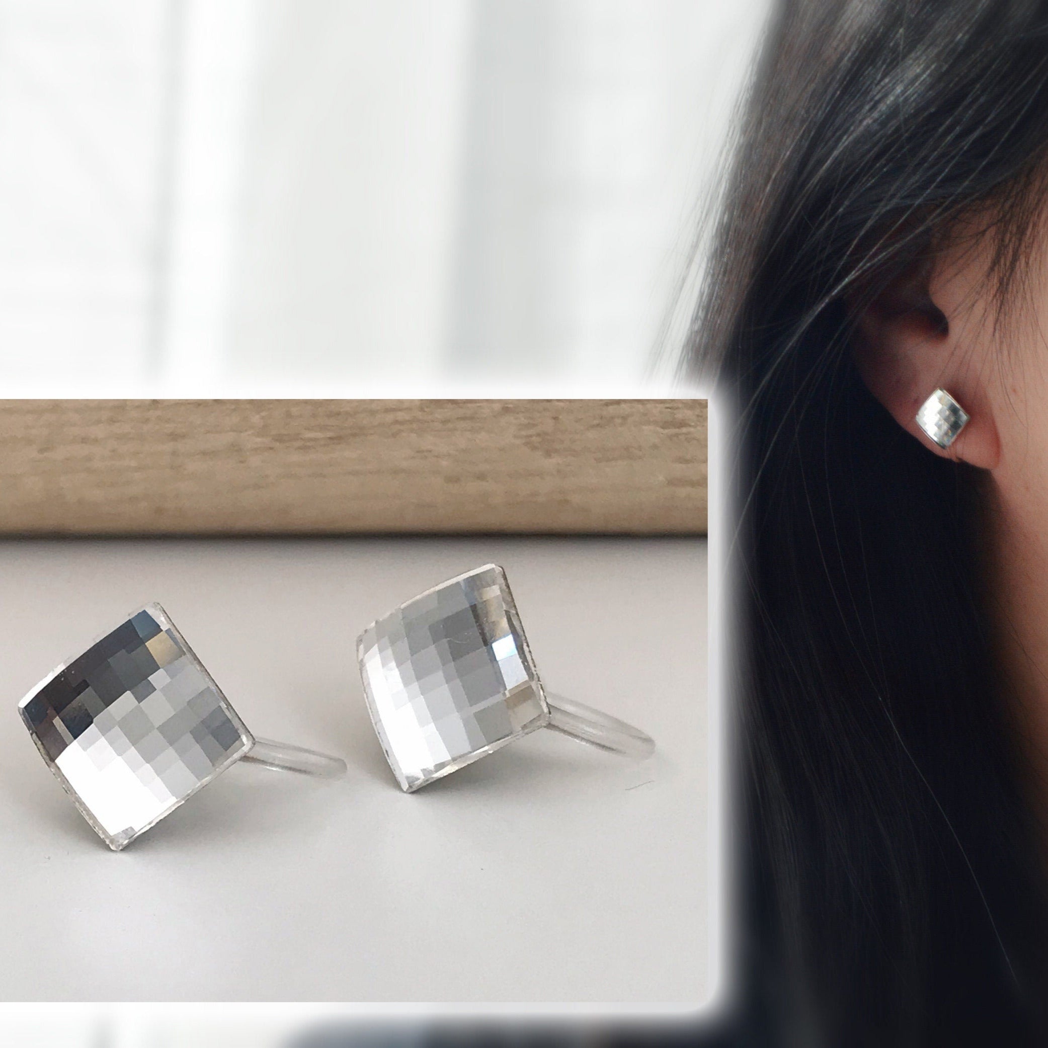 CLIPS earrings invisible Crystal Square faceted Crystals PureCrystal, Transparent square Ear Clips. Minimalist Jewelry.