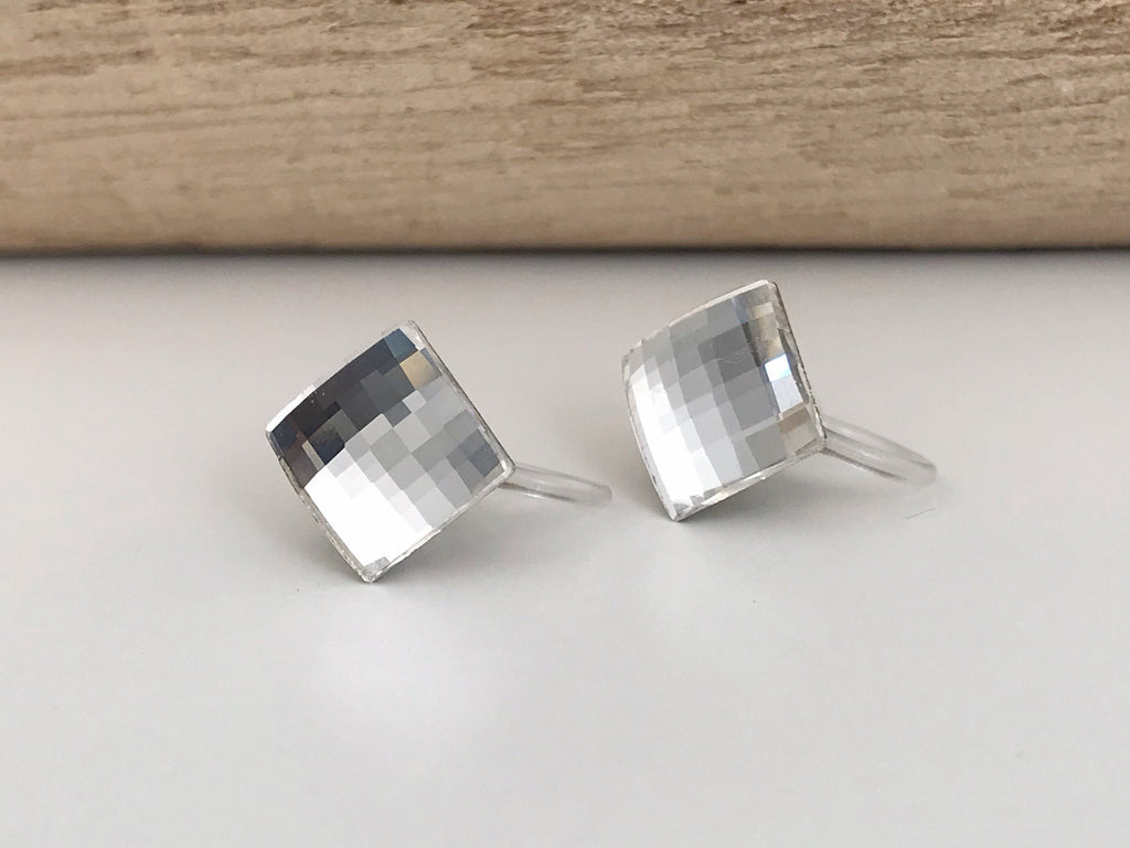 CLIPS earrings invisible Crystal Square faceted Crystals PureCrystal, Transparent square Ear Clips. Minimalist Jewelry.