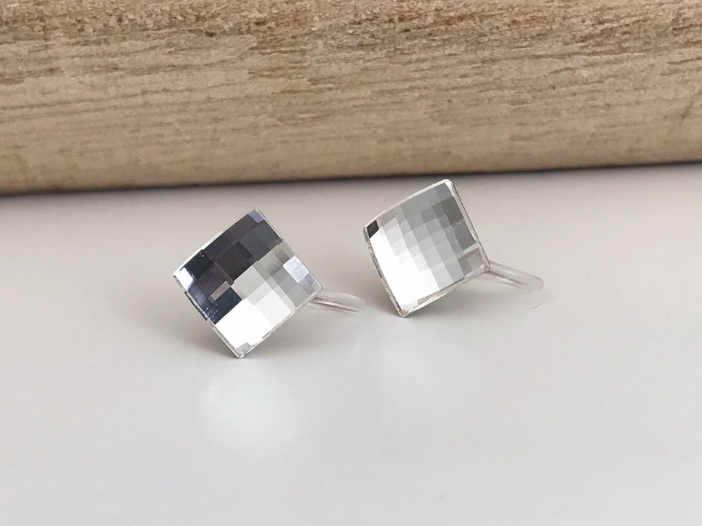 CLIPS earrings invisible Crystal Square faceted Crystals PureCrystal, Transparent square Ear Clips. Minimalist Jewelry.