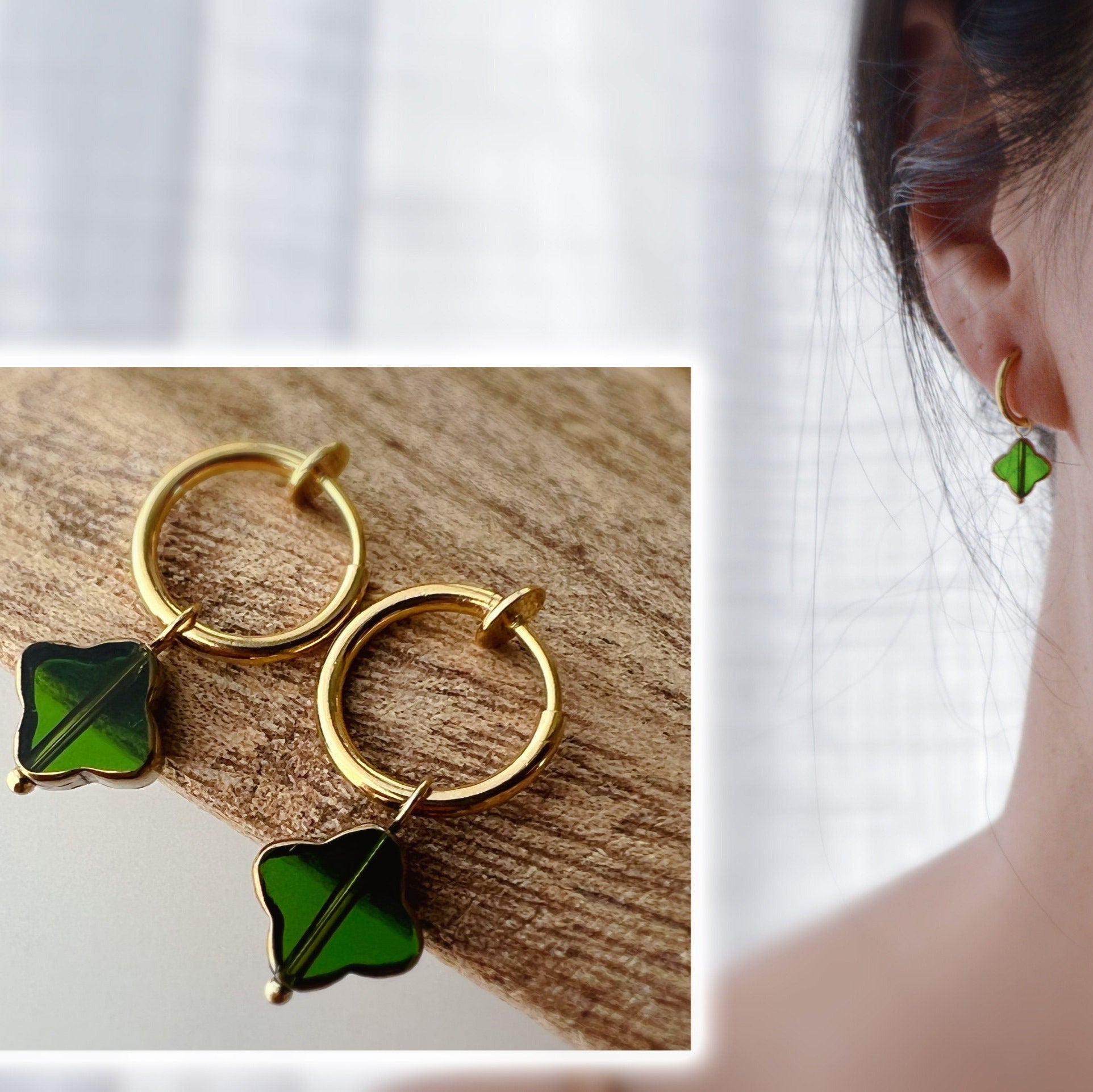 Clips d'oreille 2-EN-1 CLIPS anneaux Créoles Torsadés doré avec Perle vert trèfle à quatre feuilles en verre Bijoux quotidien Anneaux 1.3cm