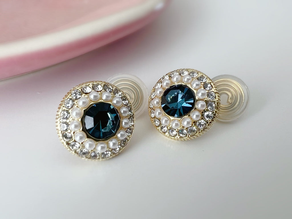 SANS DOULEUR ! Boucles d'oreilles CLIPS U spirale Perle bleue foncée mini perle blanche Zircon. Clips confortable Délicates plaqué d'or 14K