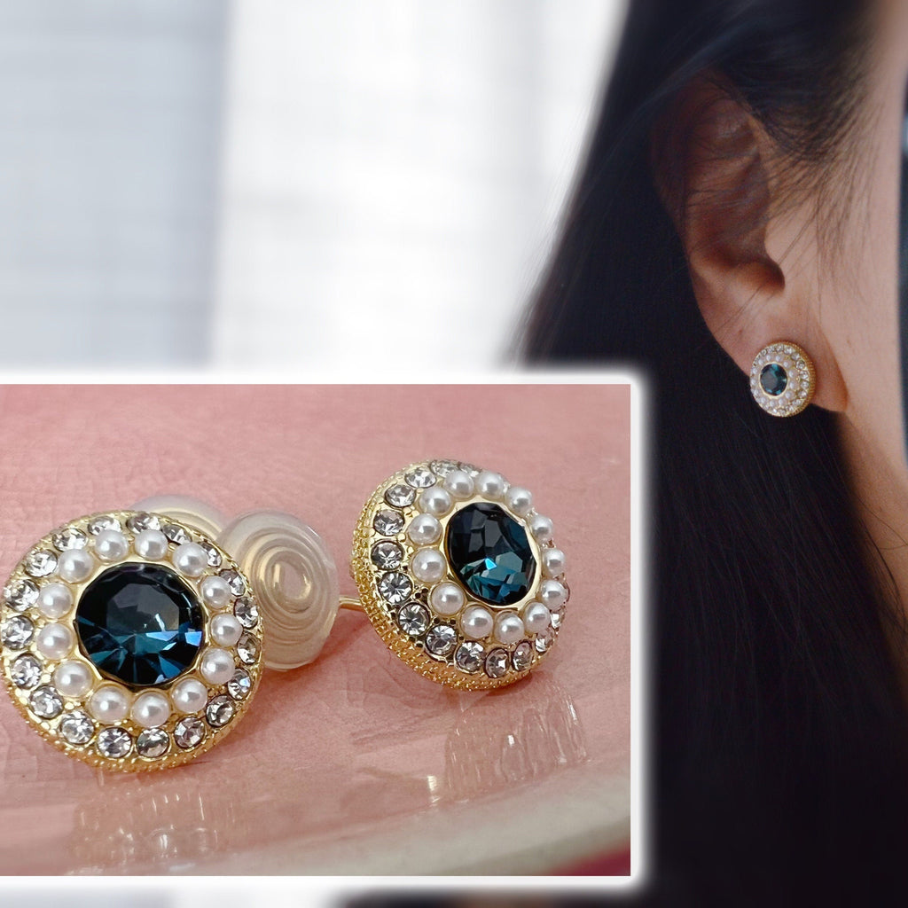 SANS DOULEUR ! Boucles d'oreilles CLIPS U spirale Perle bleue foncée mini perle blanche Zircon. Clips confortable Délicates plaqué d'or 14K