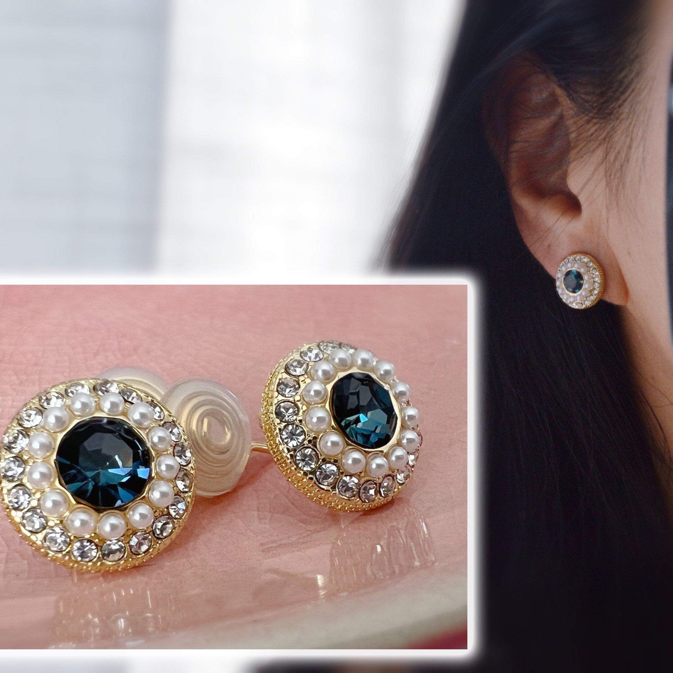 SANS DOULEUR ! Boucles d'oreilles CLIPS U spirale Perle bleue foncée mini perle blanche Zircon. Clips confortable Délicates plaqué d'or 14K