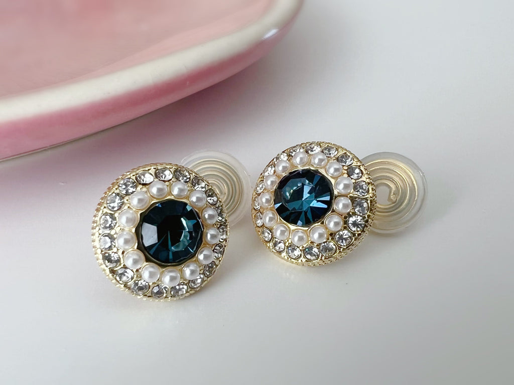 SANS DOULEUR ! Boucles d'oreilles CLIPS U spirale Perle bleue foncée mini perle blanche Zircon. Clips confortable Délicates plaqué d'or 14K