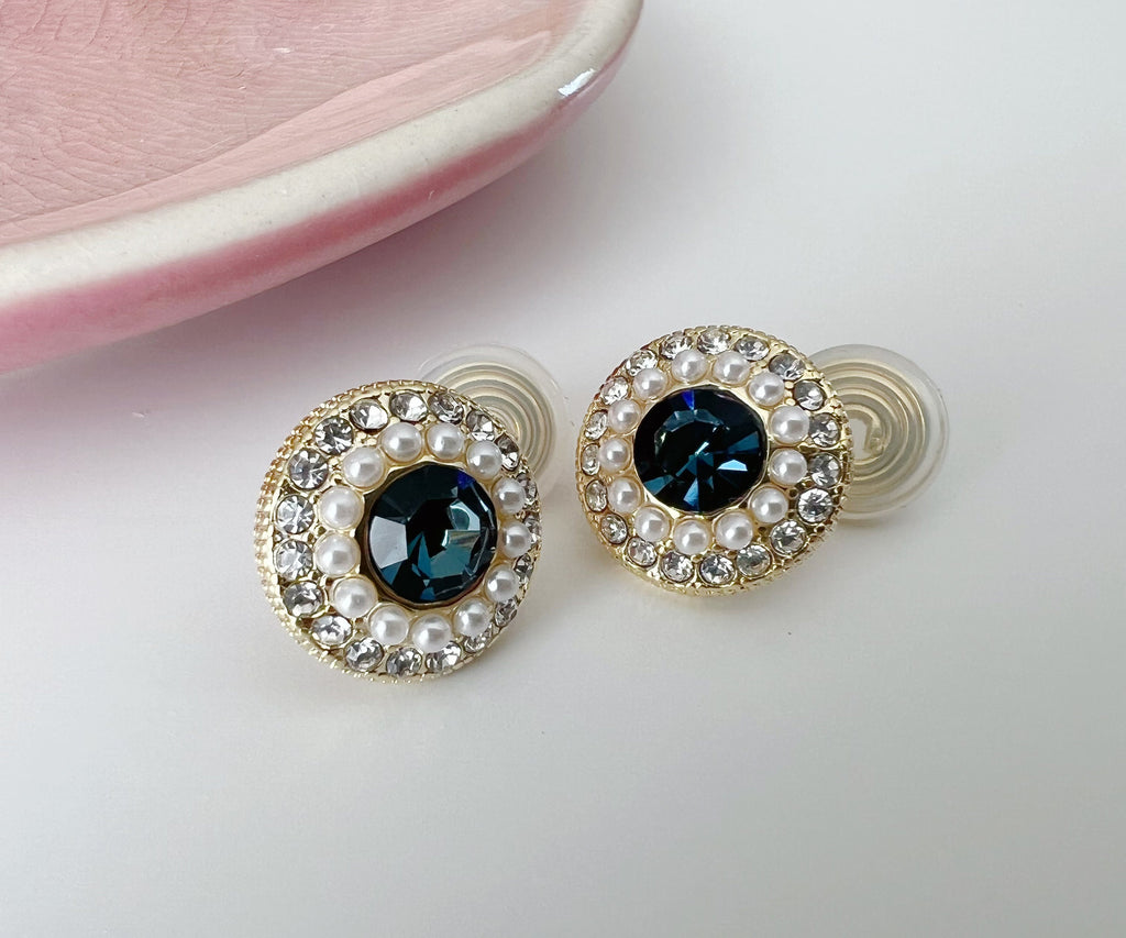 SANS DOULEUR ! Boucles d'oreilles CLIPS U spirale Perle bleue foncée mini perle blanche Zircon. Clips confortable Délicates plaqué d'or 14K