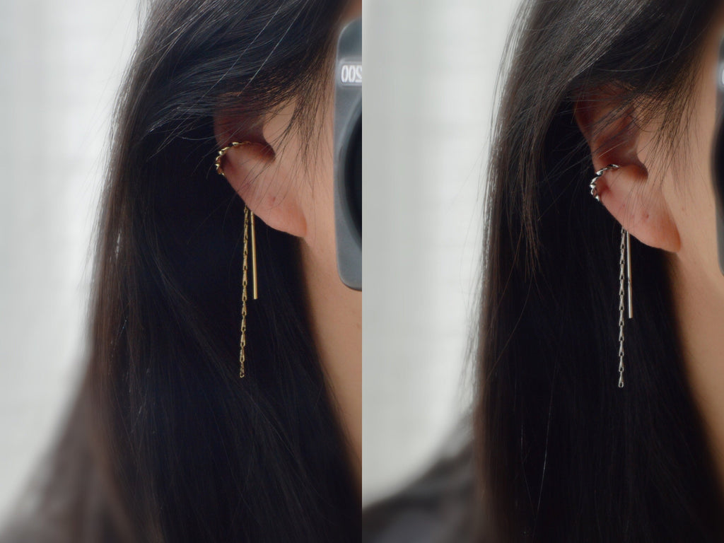 Clips d'oreilles torsadé avec longue chaine et barre couleur Argent/ Or pour oreilles non percées. clips d'oreilles confortable