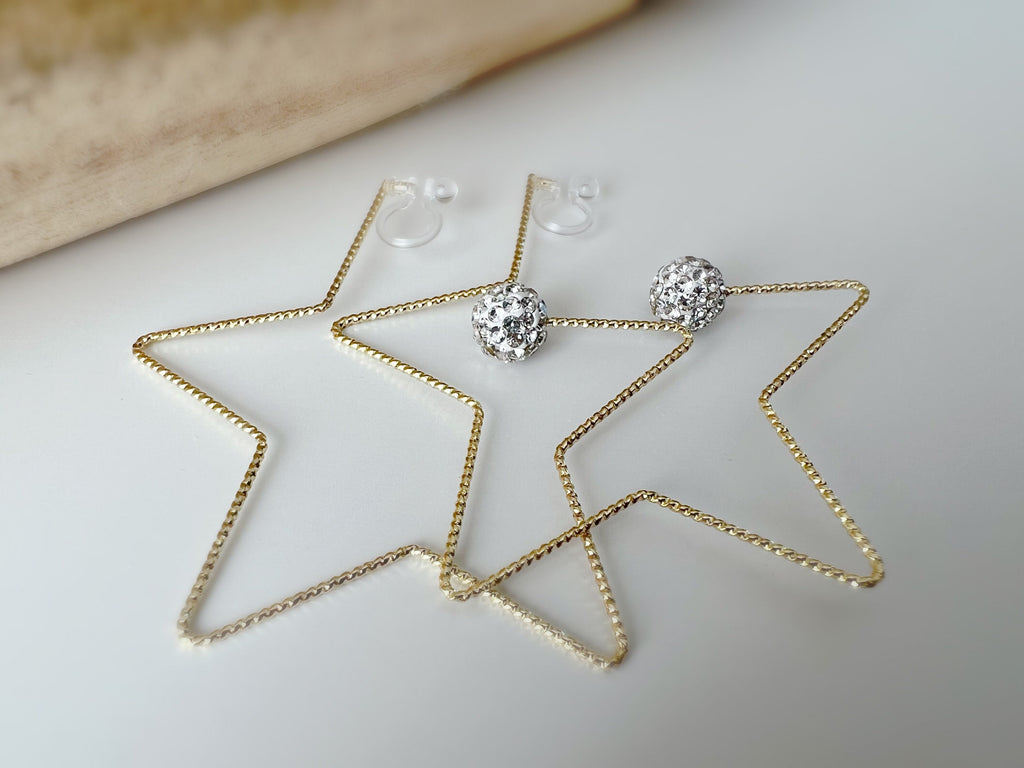 Large star ear clips Gold color White Shamballa pearl Ball Strass. INVISIBLE Clip Earrings Comfortable.