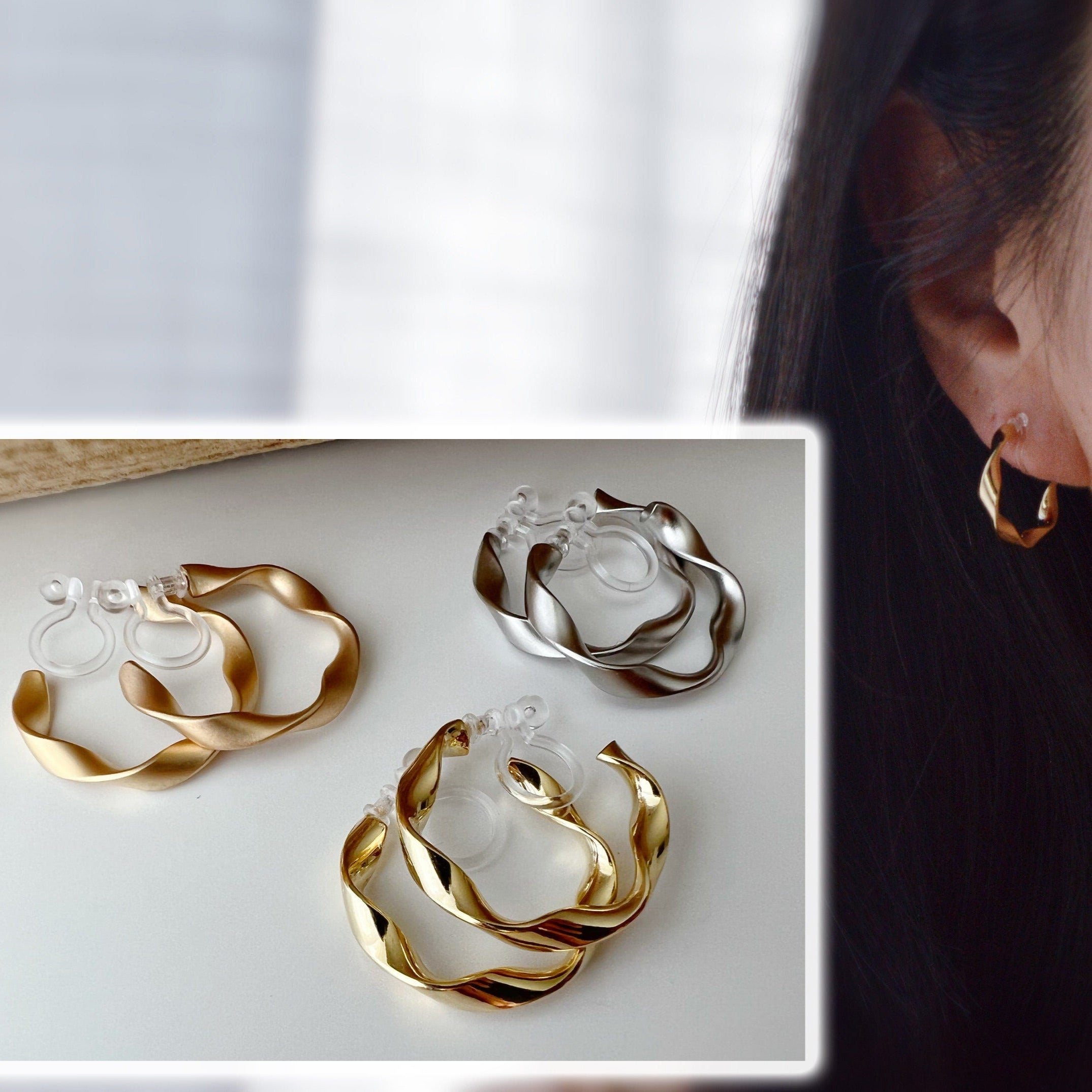 Anneaux Créoles Torsadé 20mm Clips Invisibles, CLIPS d'oreille Créoles Couleur Argent / Or/ Or mat. Oreilles non percées, Anneaux 2cm.