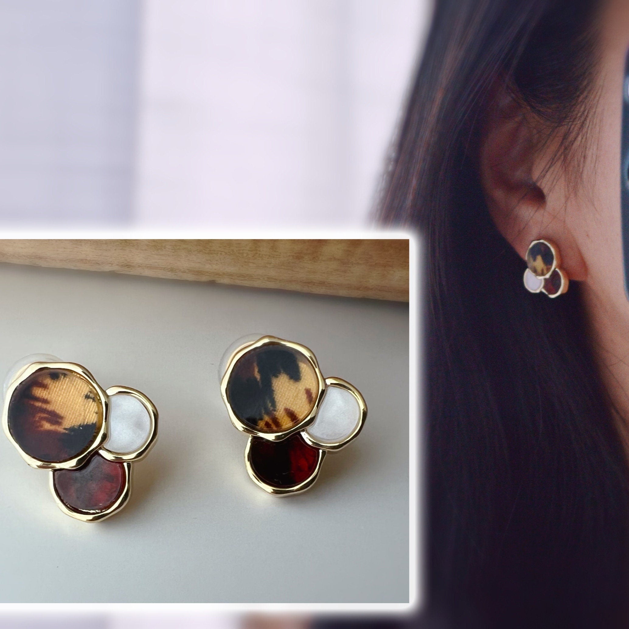 SANS DOULEUR ! Boucles d'oreilles CLIPS U spirale Léopard Caramel Blanc. Clips d'oreilles confortable Boucles Délicates