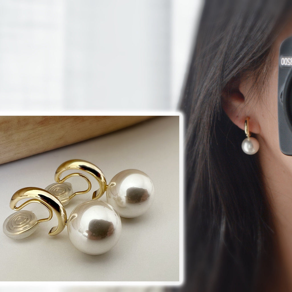 SANS DOULEUR ! Boucles d'oreilles CLIPS U spirale Petit créole or avec grande Perle blanche. Clips confortable. prêt à offrir