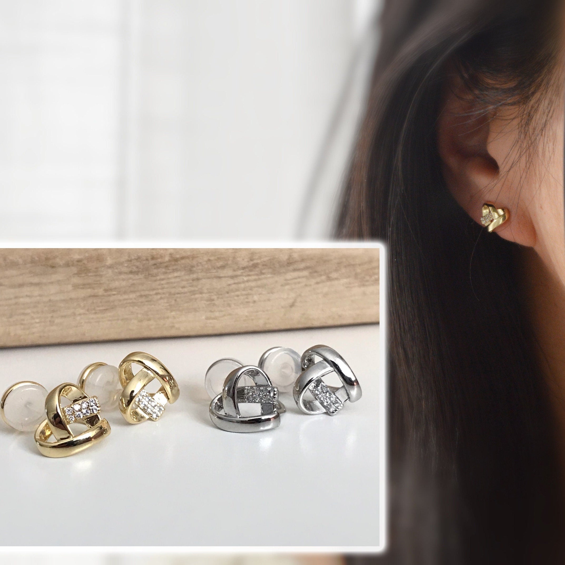 SANS DOULEUR ! Boucles d'oreilles CLIPS U Coeur strass couleur or / argent. Clips d'oreilles confortable Boucles Délicates
