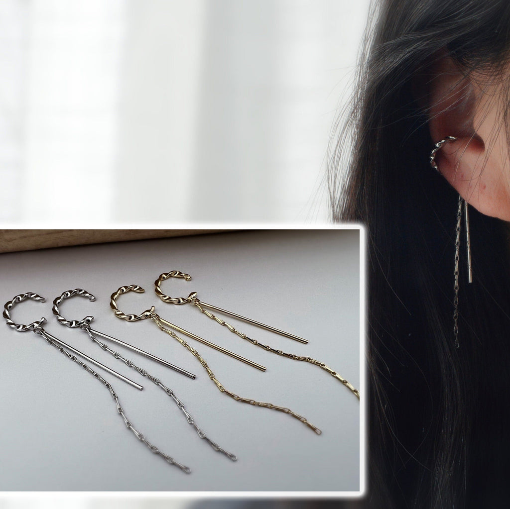 Clips d'oreilles torsadé avec longue chaine et barre couleur Argent/ Or pour oreilles non percées. clips d'oreilles confortable