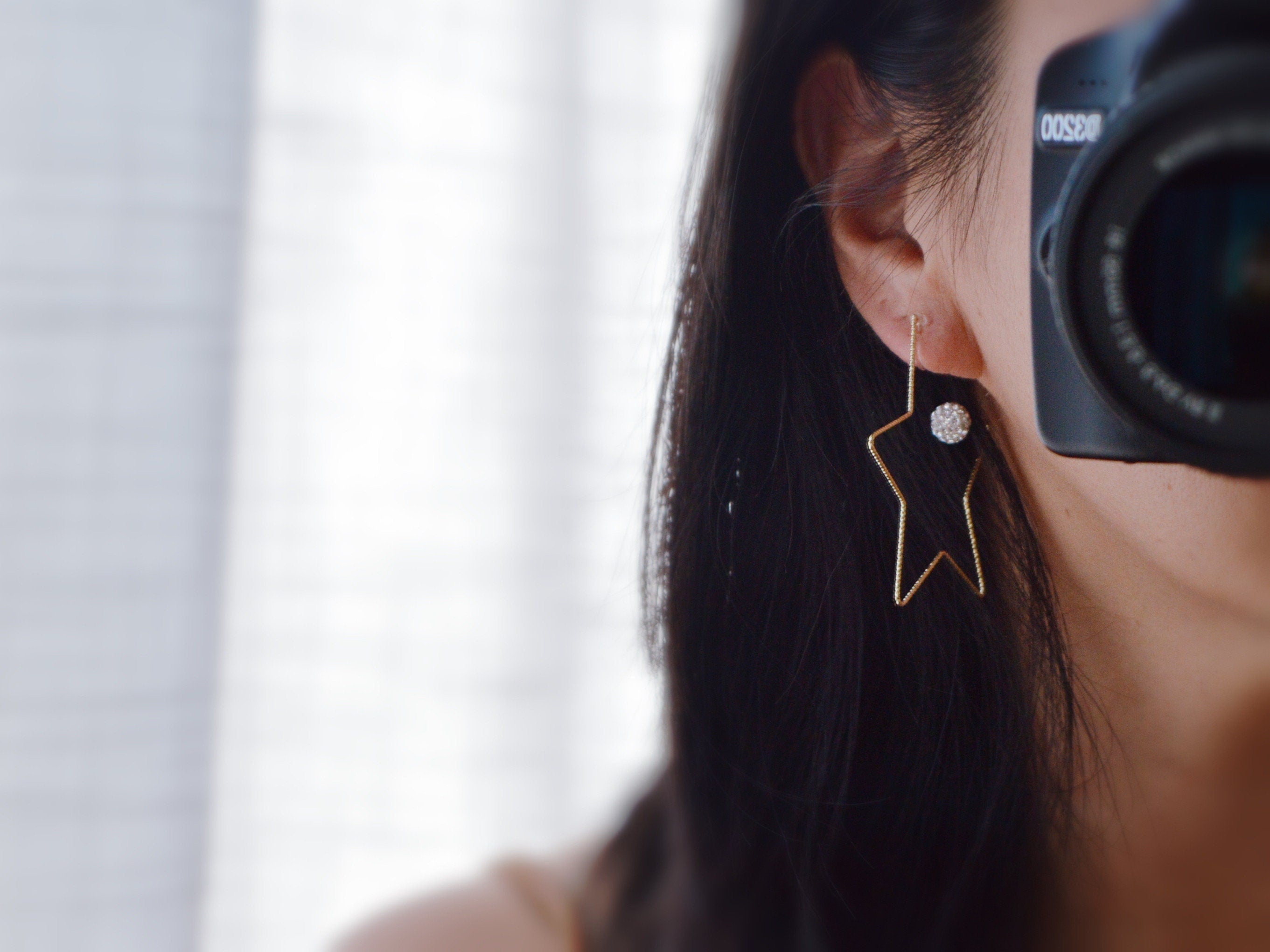 Large star ear clips Gold color White Shamballa pearl Ball Strass. INVISIBLE Clip Earrings Comfortable.