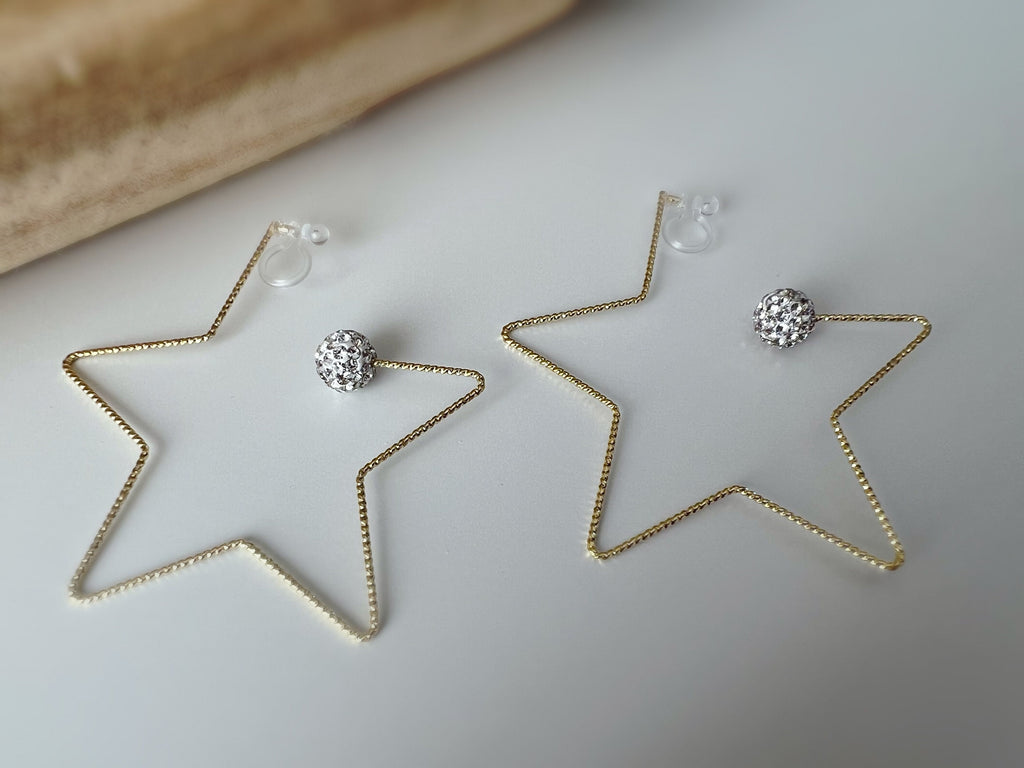 Large star ear clips Gold color White Shamballa pearl Ball Strass. INVISIBLE Clip Earrings Comfortable.