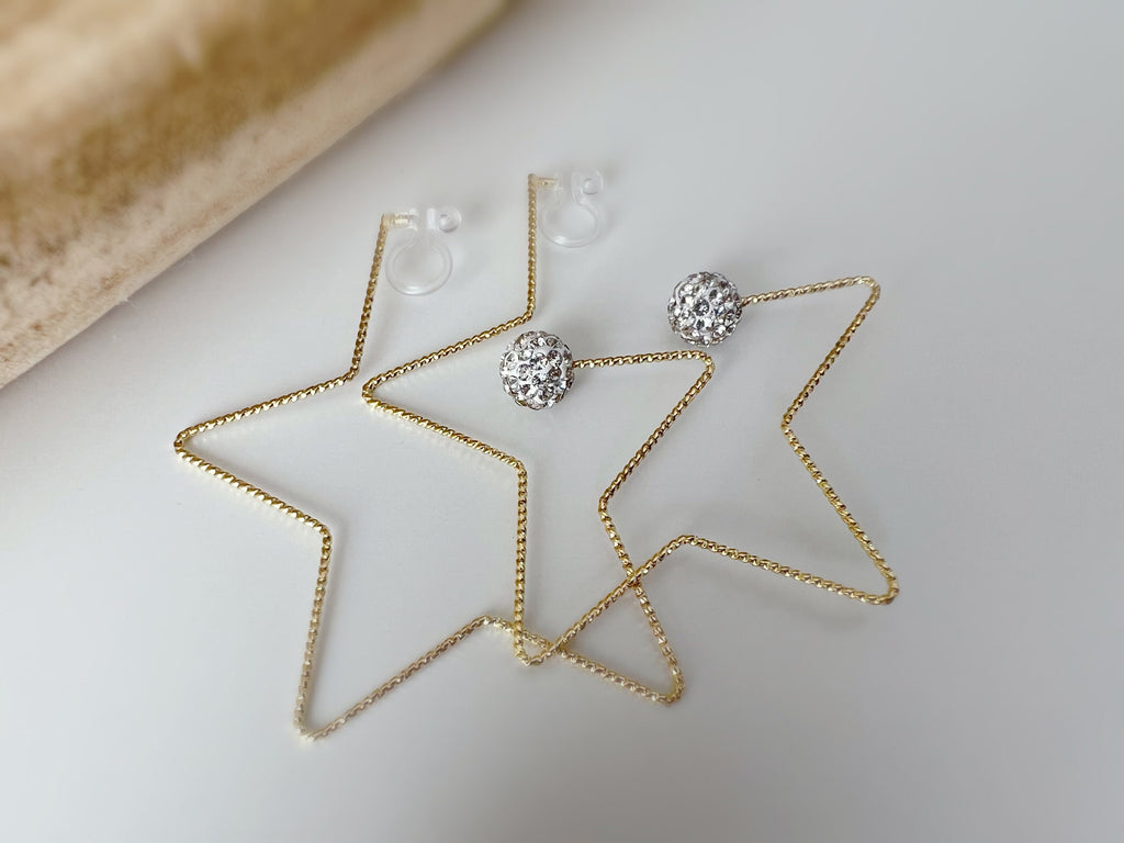 Large star ear clips Gold color White Shamballa pearl Ball Strass. INVISIBLE Clip Earrings Comfortable.