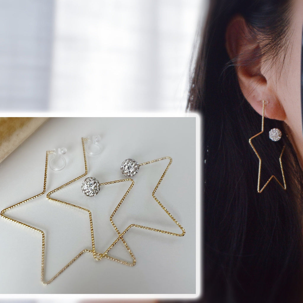 Large star ear clips Gold color White Shamballa pearl Ball Strass. INVISIBLE Clip Earrings Comfortable.