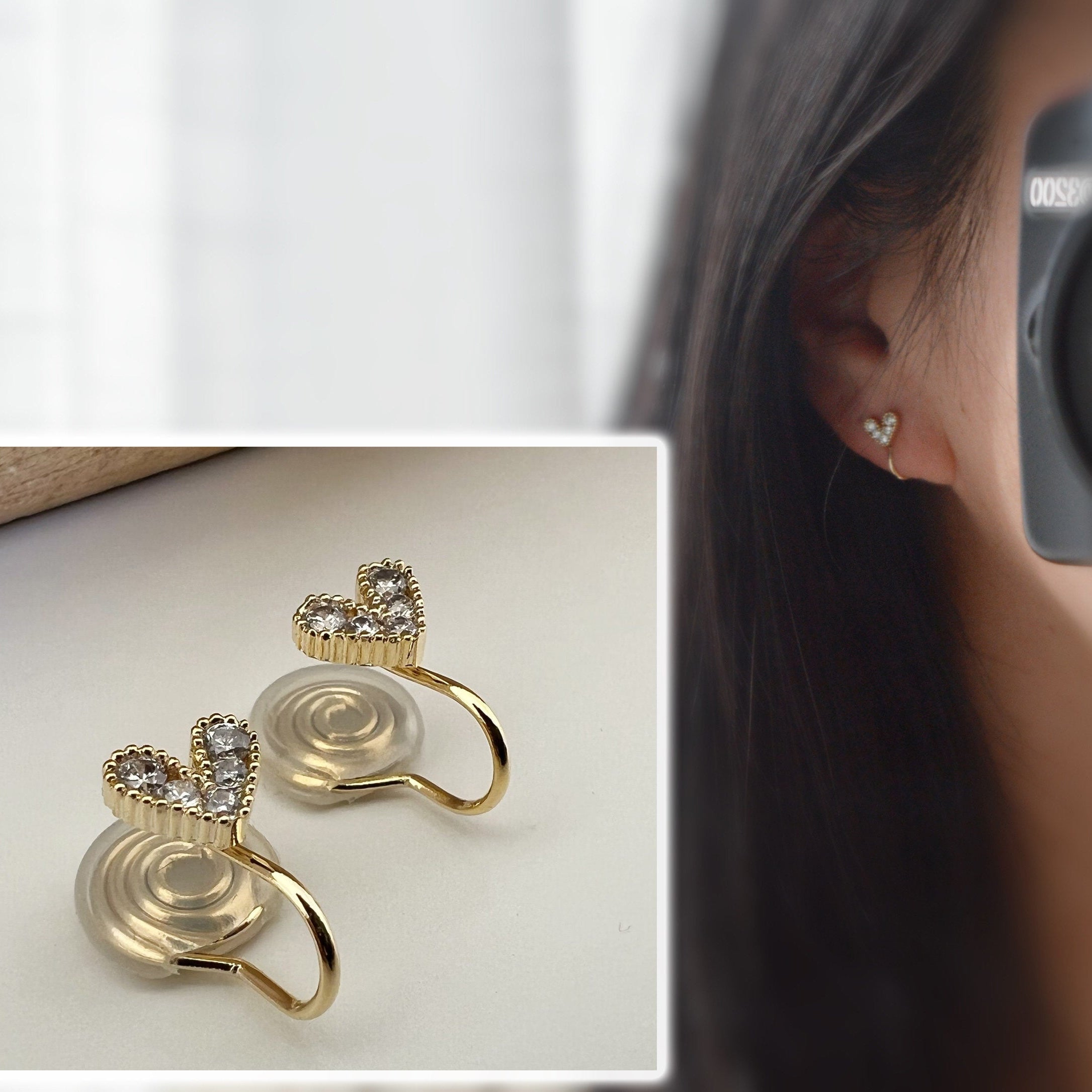 SANS DOULEUR ! Boucles d'oreilles CLIPS U spirale Mini Coeur strass Mini Zircon plaqué d'Or. Clips d'oreilles confortable.