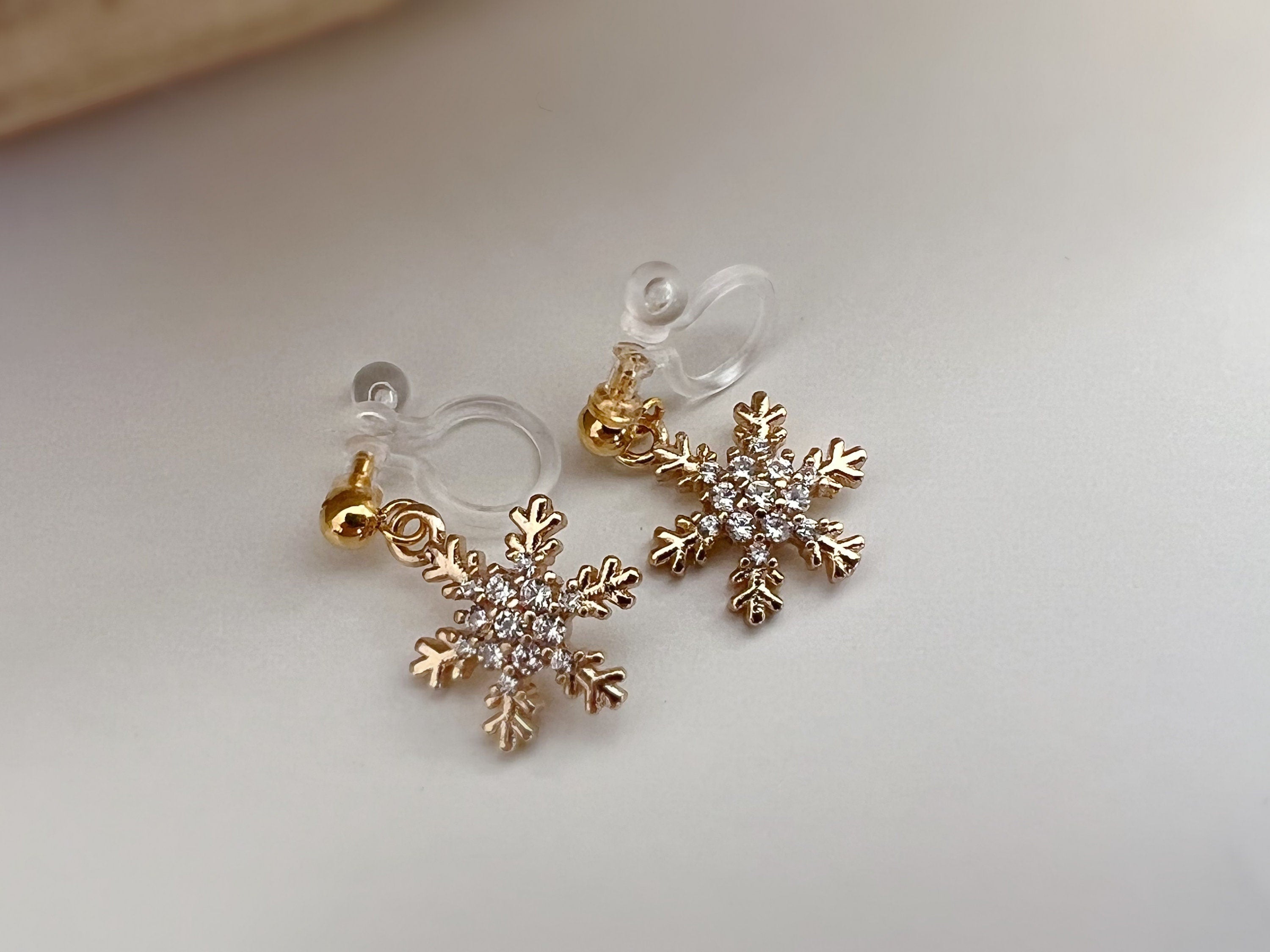 Large/Small Snowflake. Invisible gold-plated brass clips, Zircon. Delicate Jewelry. Christmas Gifts Ready to give