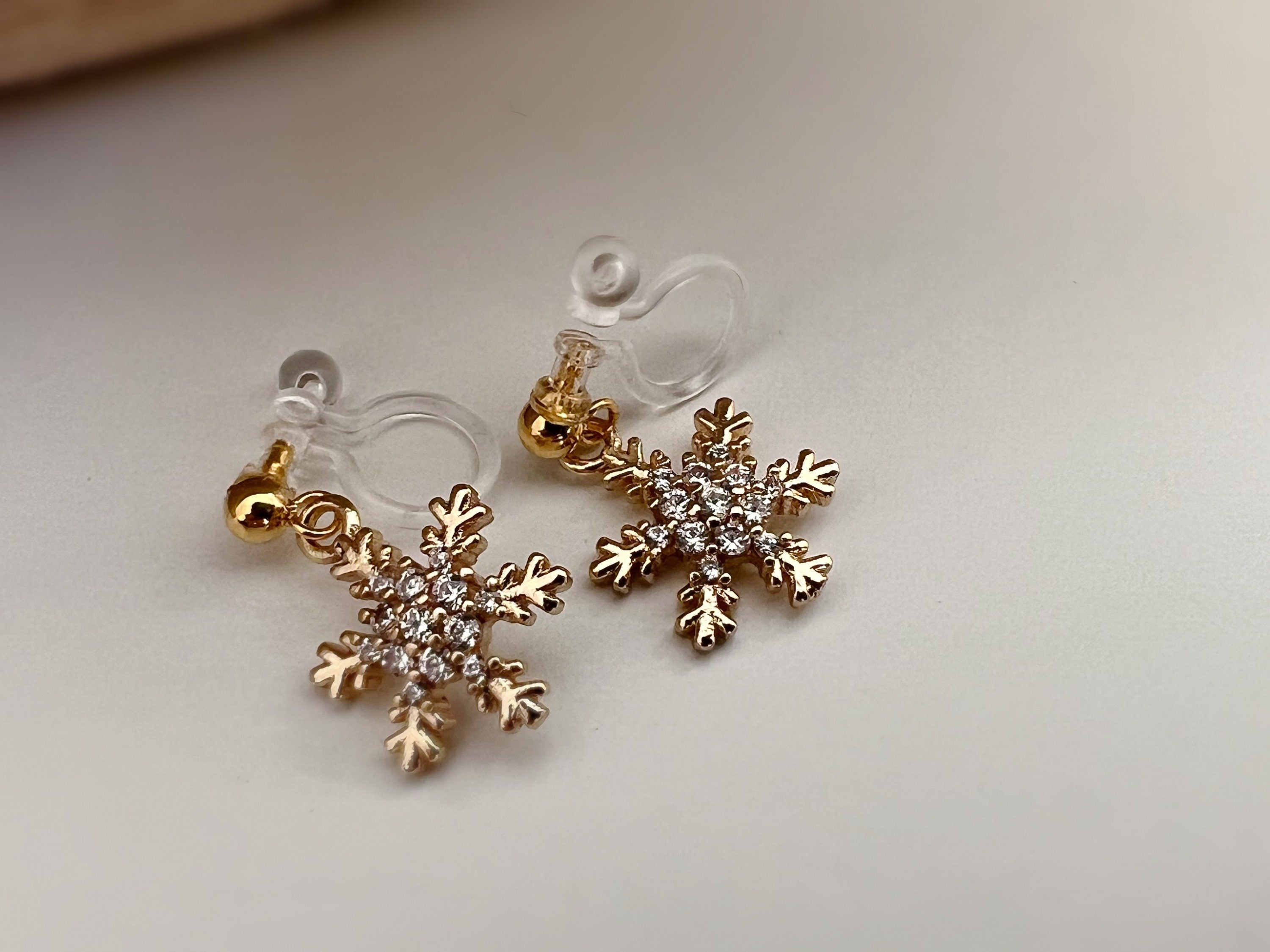 Large/Small Snowflake. Invisible gold-plated brass clips, Zircon. Delicate Jewelry. Christmas Gifts Ready to give